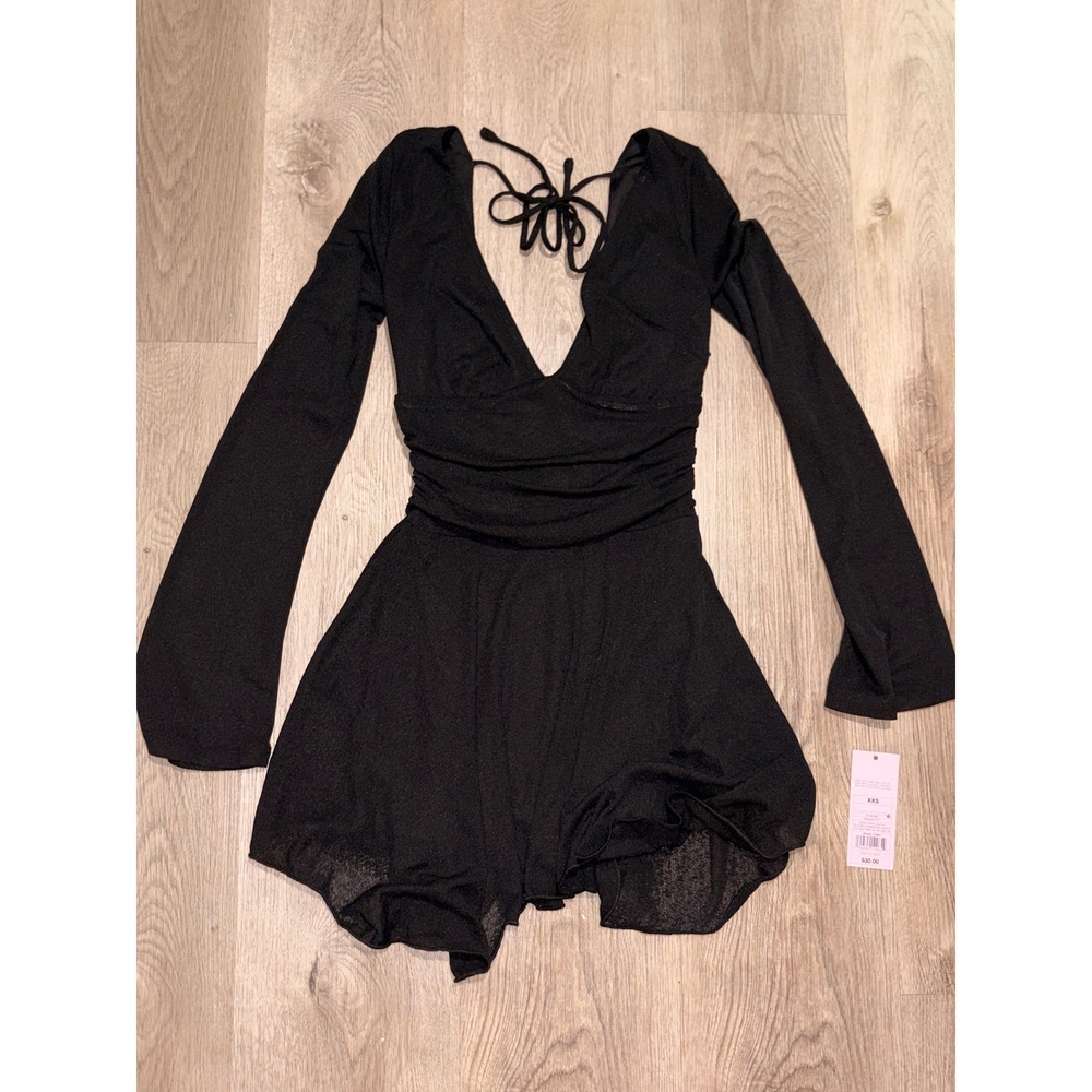 Wild Fable Black Shimmer Long Sleeve Ruched V-Neck Romper‎ XXS NWT